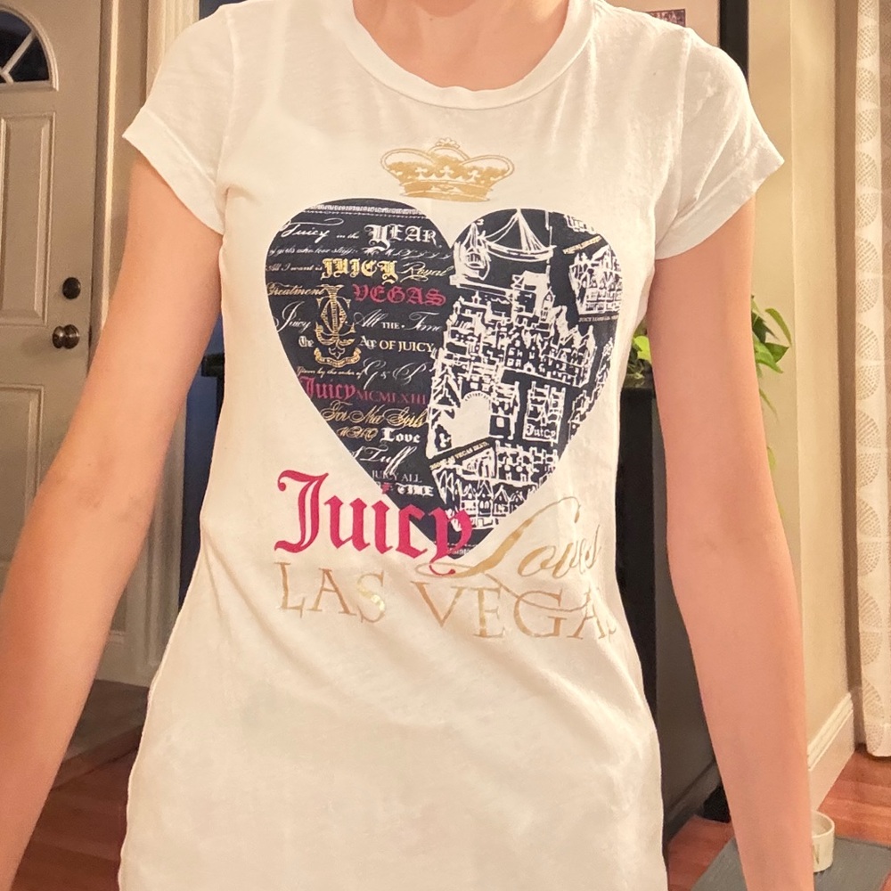 Juicy Couture White Tee with Black and Gold Heart Design